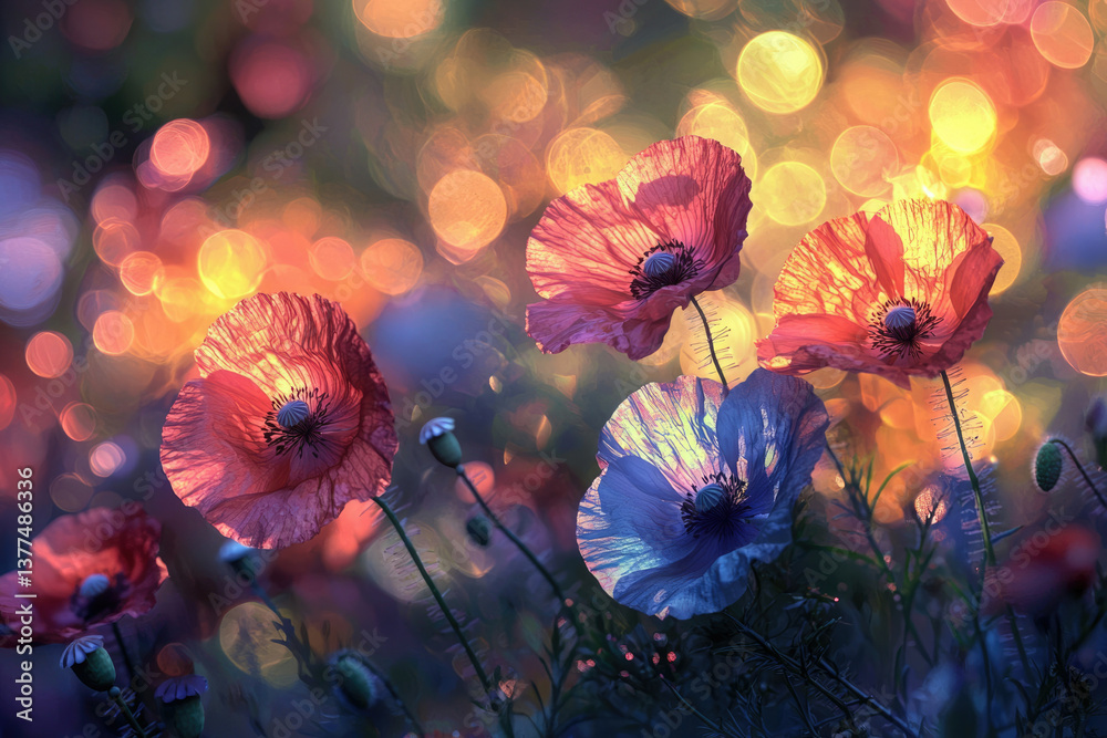 Aufkleber A colorful and artistic photograph of poppies in a field with golden bokeh lights creating a dreamlike atmosphere.