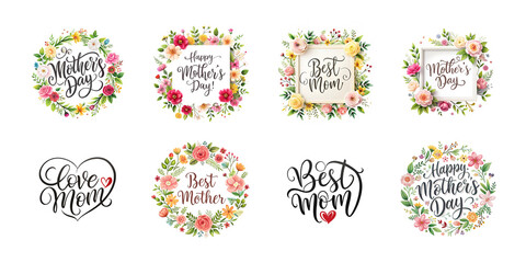 Happy mothers day calligraphy floral text isolated on transparent background