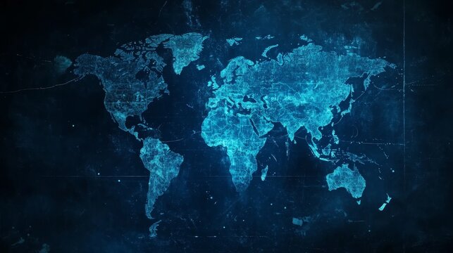 Digital blue world map on dark background with glowing continents - Powered by Adobe