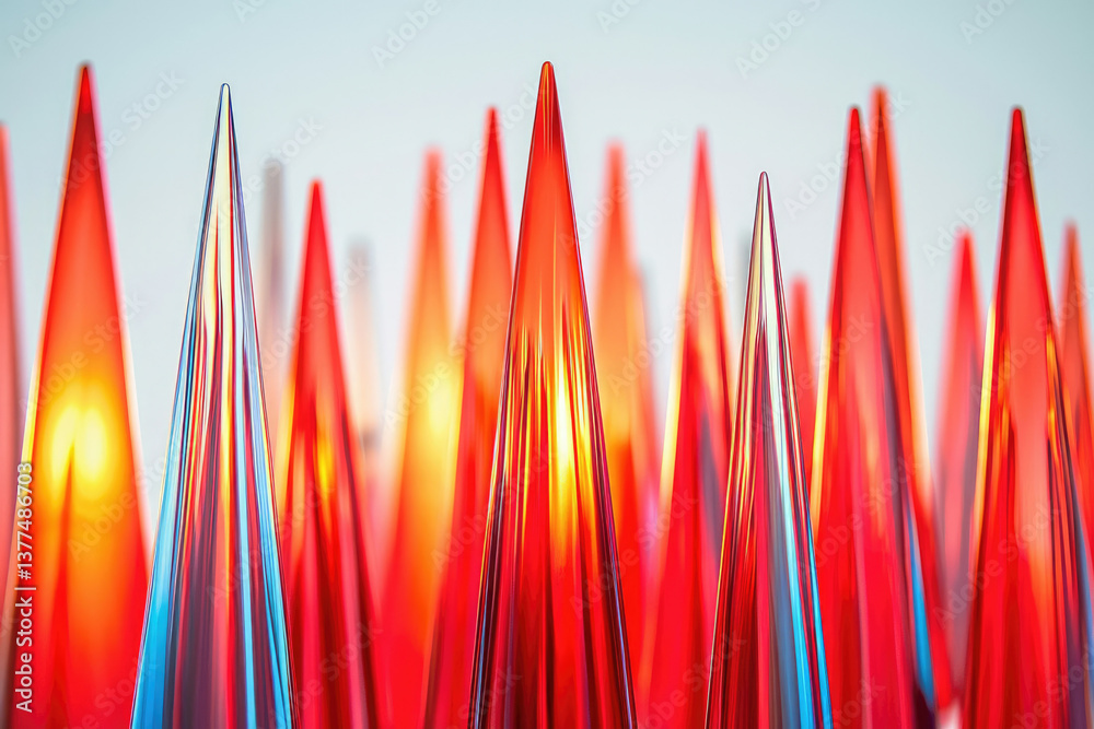 Poster Abstract art featuring numerous red cones with light reflection, arranged closely together, creating a sharp and bright composition.