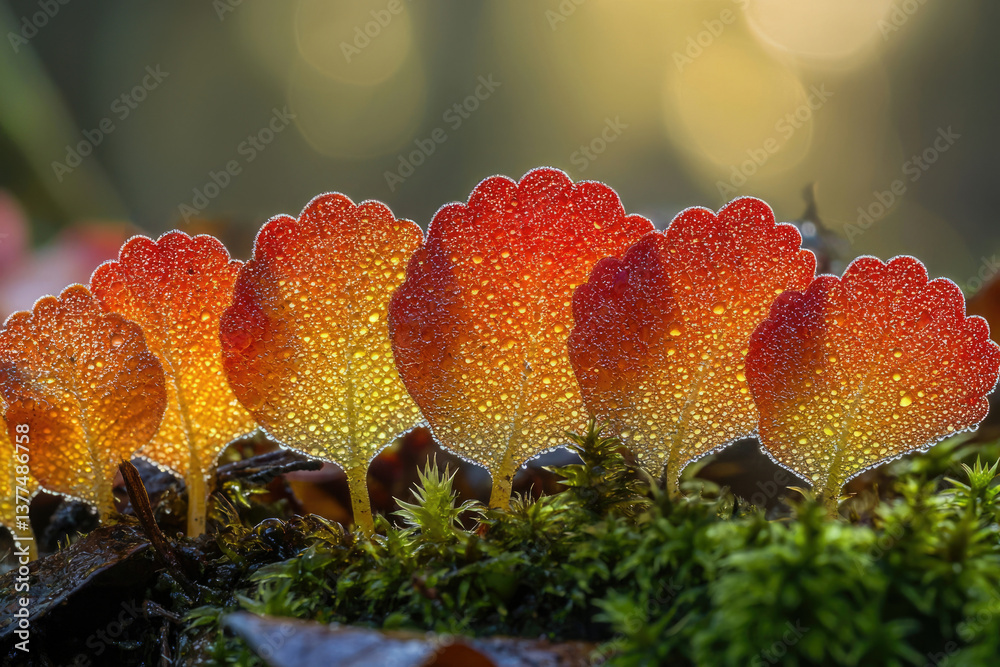 Poster a macro shot showcases vibrant red and yellow umbrella-like fungi covered in dewdrops, illuminated b