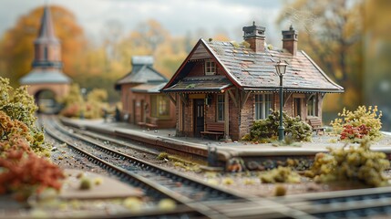 Fototapeta premium Detailed Model Train Station Autumn Scenery Miniature Railway Hobby Landscape