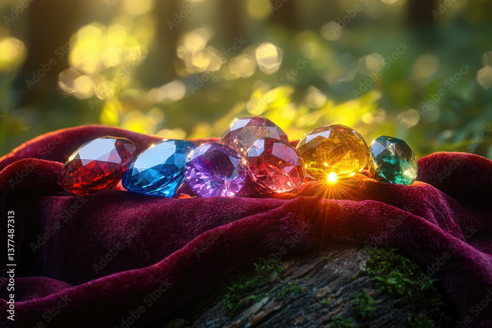 Poster a mesmerizing collection of colorful gemstones rests on plush velvet, basking in the warm glow of so