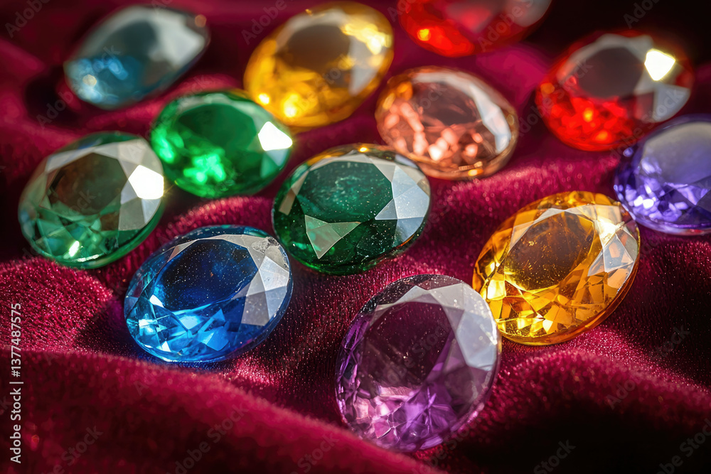Poster a collection of colorful, faceted gemstones scattered on a plush, deep-red velvet surface catches an
