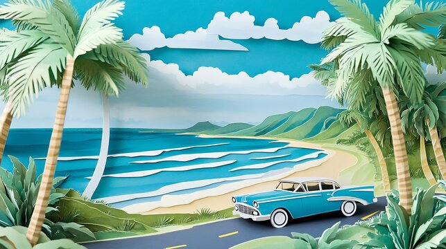 Fototapeta Classic Car with Tropical Beach Road Trip.
