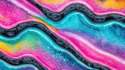 Colorful Swirls of Vibrant Pink, Blue, Yellow, and Purple Liquids with Bubbles Creating Striking Abstract Design in Fluid Art Composition