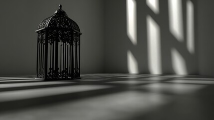 A decorative cage stands in a room with striped light patterns