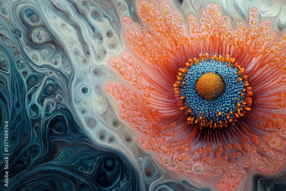 Poster an abstract close-up of a flower with a swirling, marbled background in contrasting colors.