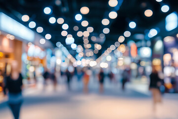 Fototapeta premium Blurred, defocused background of public event exhibition hall, business trade show concept. 