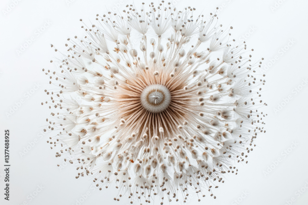 Poster a captivating close-up of a dandelion seed head, showcasing its delicate structure and intricate bea