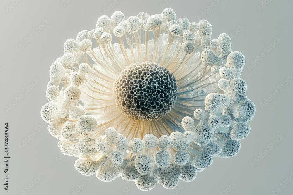 Poster abstract microscopic rendering showcasing a spherical center surrounded by filaments and textured wh