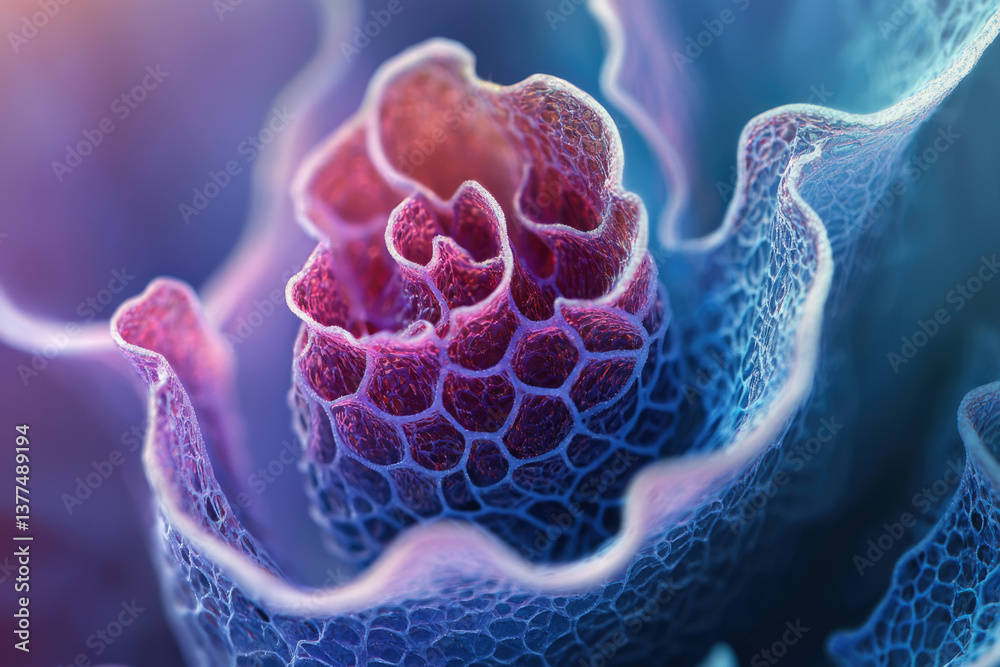 Poster a captivating macro image reveals intricate cellular structures in hues of purple, red, and blue wit