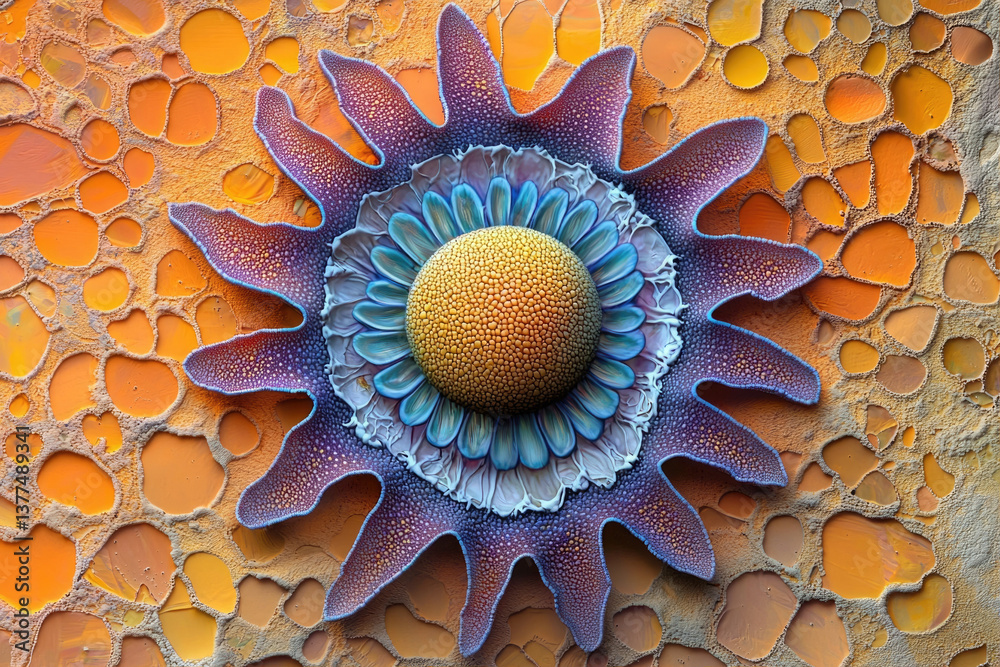 Poster a captivating top-down view reveals a textured, artistic creation of a flower with starfish-like pet