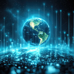 glowing digital representation of Earth surrounded by bright data streams, symbolizing technology and connectivity. image evokes sense of innovation and global communication
