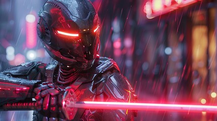 Cyberpunk Samurai Robot Rain Cityscape Futuristic Warrior