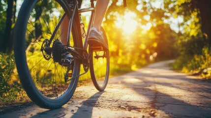Cyclist enjoying a serene ride on a sunlit path surrounded by nature during late afternoon in a peaceful park