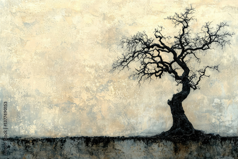 Poster a stark, leafless tree stands silhouetted against a textured, earthy-toned backdrop, creating a scen