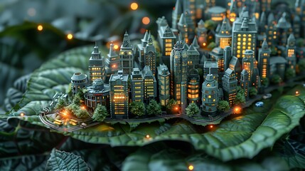 Obraz premium Miniature City Nestled on Giant Leaf at Night Illuminated Buildings Green Nature