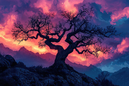 A stark, silhouetted tree stands against a vibrant sunset sky painted with shades of pink, orange, and purple over a mountainous landscape.