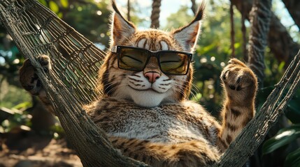 Relaxed Lynx in Hammock, Tropical Setting