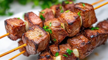 skewered lamb shashlik, the meat perfectly charred with a juicy, tender interior, served with onion and herbs