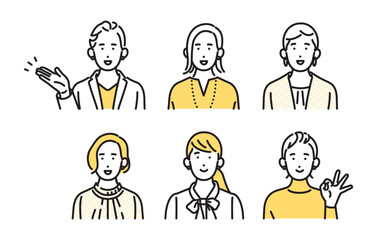 シンプル　イラスト　ポジティブな表情とポーズのビジネスパーソンの女性 人物バリエーション