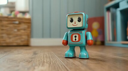 Obraz premium A colorful, vintage tin toy robot with a wind-up key, standing on a wooden floor in a playful childâ€™s room
