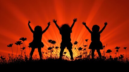 Fototapeta premium Joyful Children Silhouetted Against a Vibrant Sunset with Rays of Light and Flowers in the Foreground