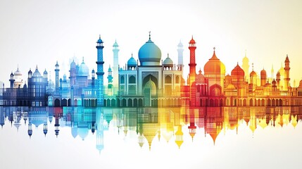 Fototapeta premium Colorful cityscape reflecting in water, vibrant architecture