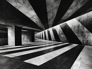 A striking black-and-white image showcasing angular lines and geometric patterns in a stark, industrial interior space.