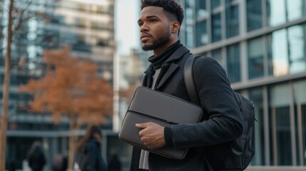 Fototapeta premium A young Black man carries a laptop case and backpack, strolling through the city.