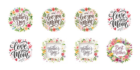 Fototapeta premium Happy mothers day calligraphy floral text isolated on transparent background