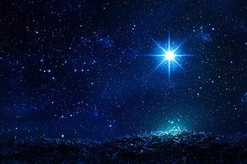 Christmas star of the Nativity of Bethlehem, Nativity of Jesus Christ. Background of the beautiful dark blue starry sky and bright star. 