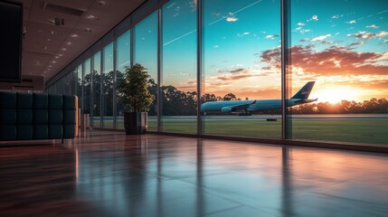 Stunning Sunset View of Airplane on Runway from Modern Airport Lounge