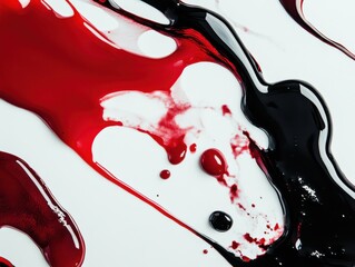 Abstract Background with Red and Black Paint Swirls Creating a Dramatic and Artistic Effect on a White Canvas Surface