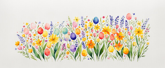 creative illustrated wildflowers in yellow orange red pink blue with easter eggs on light background