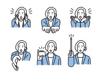 シンプル　イラスト　いろいろな表情とポーズのビジネスパーソンの女性 人物バリエーション