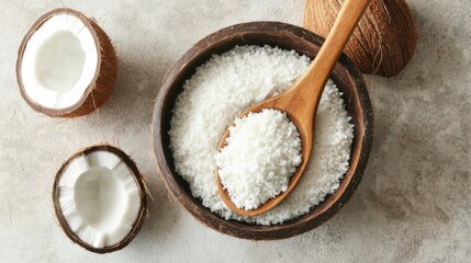 Coconut flakes in wooden bowl beside halved coconuts on light textured surface