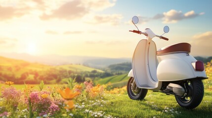 Vintage Scooter in a Floral Meadow at Sunrise