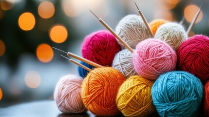 Colorful yarn balls and knitting needles arranged creatively on a table with a soft bokeh background during the evening
