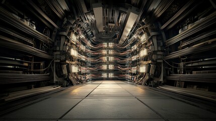 Obraz premium Futuristic Industrial Corridor Dark Metal and Light Architecture