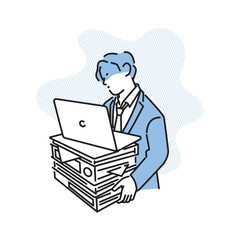 シンプル　イラスト　業務が多すぎてうんざりするビジネスパーソンの男性 人物