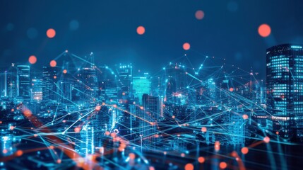 Obraz premium A futuristic cityscape illuminated by blue lights and network connections, conveying advanced technology and urban innovation.