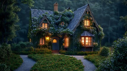 Fototapeta premium Enchanting Cottage at Dusk A Secluded Stone House Covered in Lush Greenery