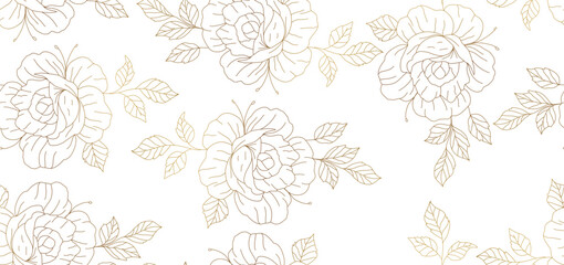 Vintage luxury seamless floral background with golden lilies flowers. Romantic pattern template for wall decor, wallpaper, wedding invitations, ceremonies, cards.