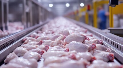 Fototapeta premium Chicken processing line with raw poultry on conveyor belt in industrial facility during daytime operations