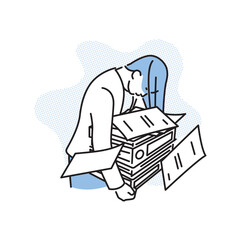シンプル　イラスト　書類が多すぎてうんざりするビジネスパーソンの女性 人物