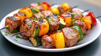 A plate of colorful vegetable and meat shashlik skewers, with charred edges and a smoky aroma