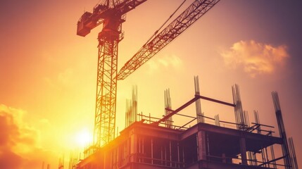 Obraz premium Detail vertical image of large construction crane and a iron beam frame in silhouette at sunset or sunrise