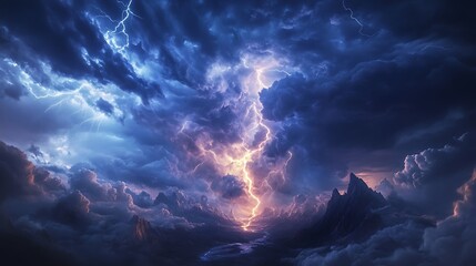 Fototapeta premium Lightning striking through stormy clouds over dramatic mountain landscape image